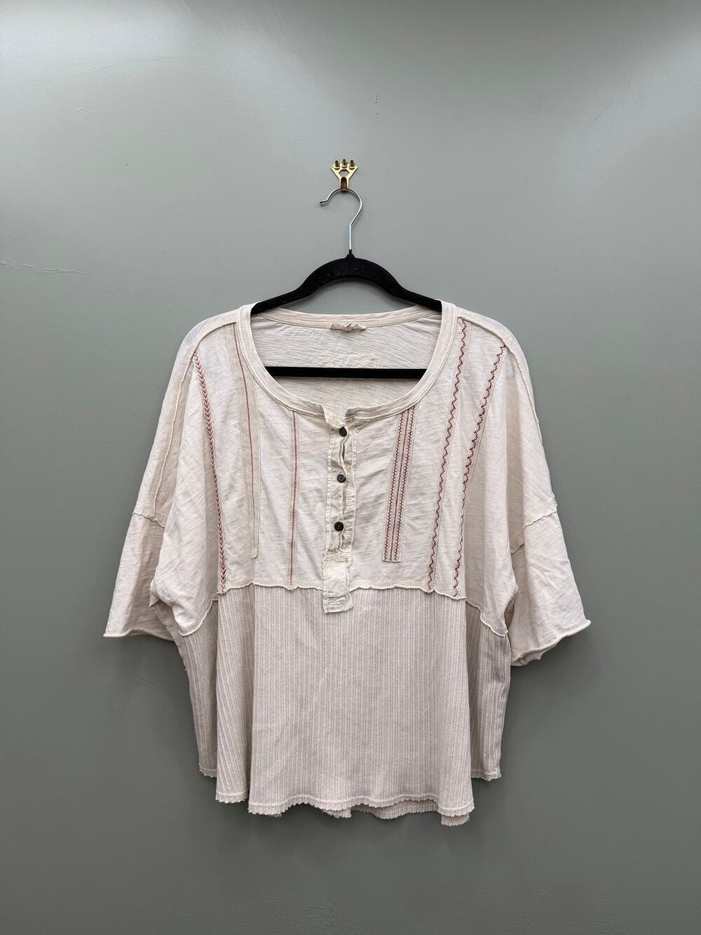 Easel Cream Boho Henley Top Women's Small Oversized Raw Hem Cotton Tunic